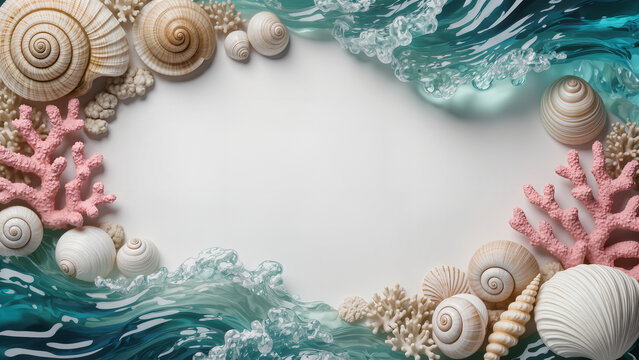 Seashells and coral framing ocean waves border