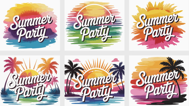 summer party posters vector illustration sunset palms beach vacation festive tropical holiday design graphic artwork events celebration travel leisure seasonal background