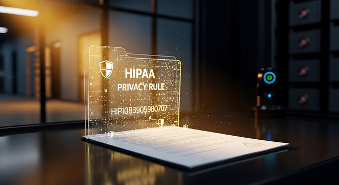 HIPAA Privacy Rule digital folder hologram glowing on paper document in a modern medical facility representing healthcare cybersecurity and data