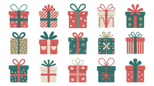 gift boxes vector illustration box present wrapped bow ribbon flat design holiday christmas new year celebration pattern stripes dots stars cardboard