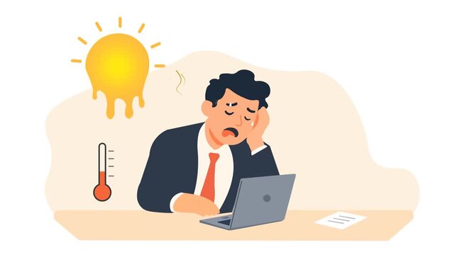 Tired Businessman Feeling Exhausted Under Melting Sun With Rising Temperature Symbol. Office Worker Struggling With Heatwave Conditions While Working On A Laptop. Sweating Flat Animation.
 Burnout