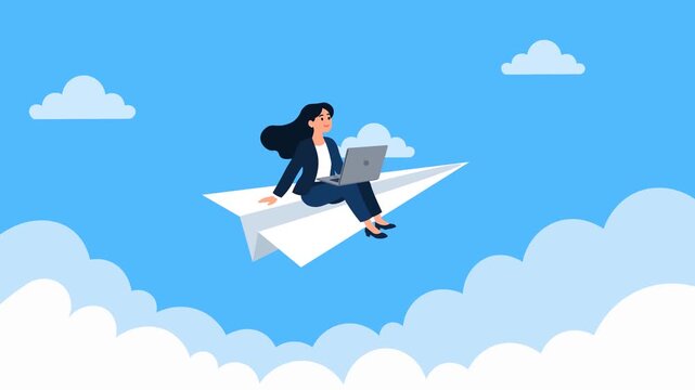Digital Freedom, Female Entrepreneurship, and Business Success Concept. Businesswoman Flying On Paper Airplane While Working Remotely On Laptop. Flat design Animation