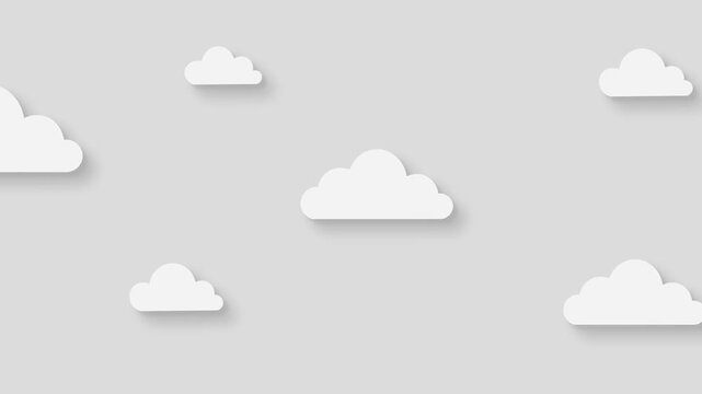 Minimal White Paper Style Clouds Floating On A Soft Gray Background With Gentle Shadows. Clean Modern Animation Creating A Calm, Peaceful And Airy Atmosphere. 