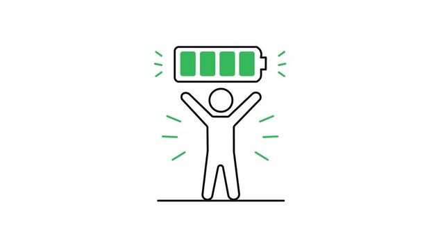  High Full Energy Person, Positive Mindset and  Vitality or Mental Wellness Concept Animated Outline icon.  Character Standing With Raised Arms Beneath A Fully Charged Battery Symbol. 