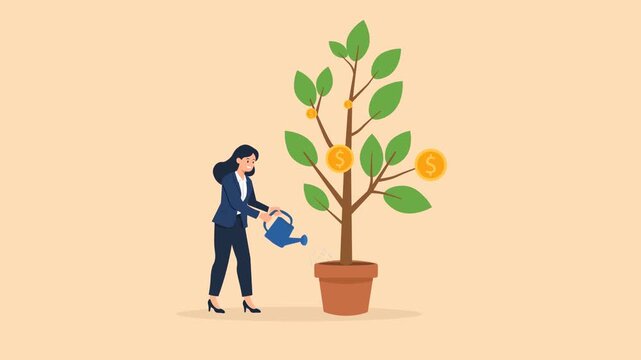 Nurture Financial Growth And Investment Success Concept. Flat Design Animation Of  Businesswoman Watering a Growing Tree With Gold Coins Fruits and Green Leaves. Wealth Building, Passive Income, 