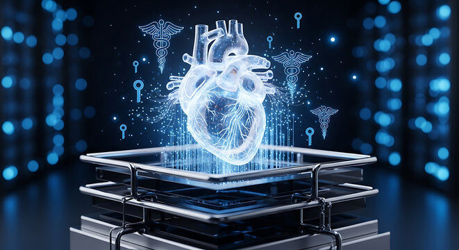 Digital Holographic Human Heart with HIPAA Security Symbols Illustrating Medical Data Privacy Healthcare Compliance Certification and Patient