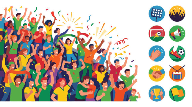 Flat vector illustration of a large diverse crowd of sports fans cheering in a stadium with colorful clothing and confetti, plus a set of ten circular soccer match themed icons.