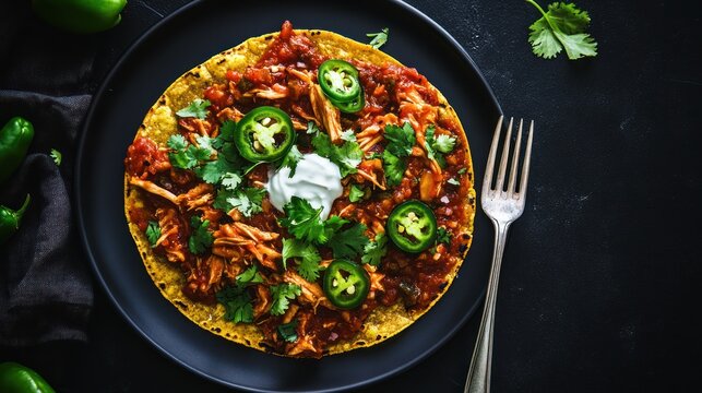 Overhead shot of a tostada topped with shredded chicken, salsa, and garnishes on a black plate