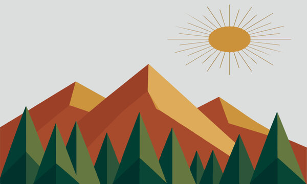 Minimalist mountain landscape vector, geometric peaks with pine forest and sun, retro mid-century modern nature illustration for wall art