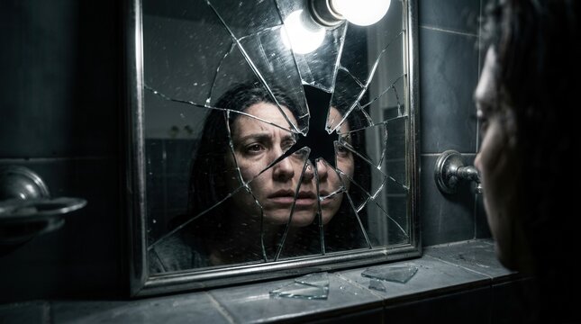 A Woman Gazes Into a Shattered Mirror, Capturing Moments of Fear and Reflections