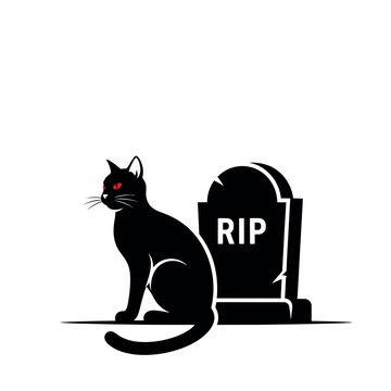 Black Cat Sitting Next to RIP Gravestone.