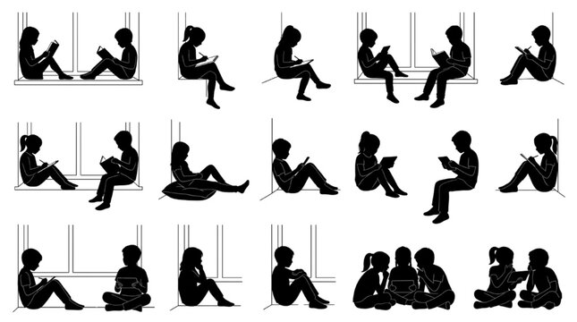 Children Reading and Writing at Window Sill Silhouette CAD Block Set &mdash; Floor Cushion and Wall-Leaning Poses with Group Discussion Figures for School Interiors
 
