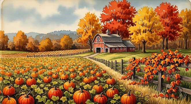 Autumn Pumpkin Patch with Rustic Barn and Colorful Trees.
