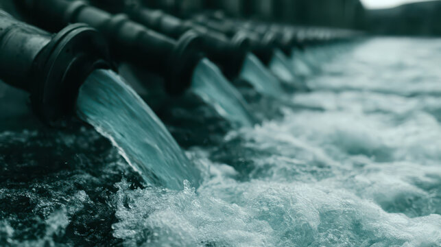 Turbulent blue water cascades from metal pipes into a frothy pool, showcasing industrial power and motion.