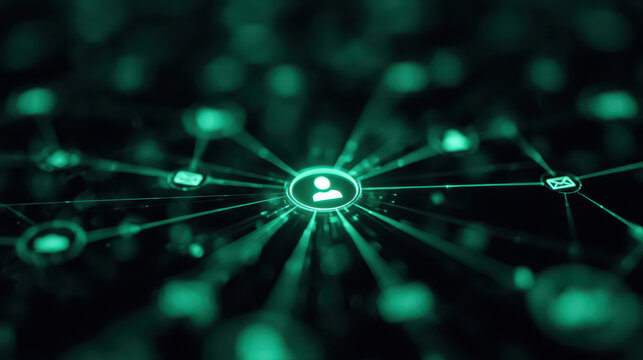 Digital Network Hub: Green Glowing Icon, Radially Connected, Dark Bokeh Background