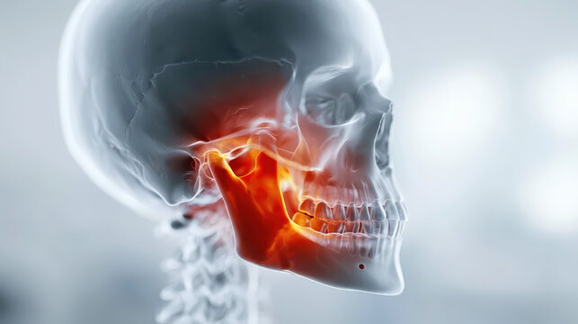 Human Skull and Neck Illustration: fiery orange glow highlights mandible and temporomandibular joint