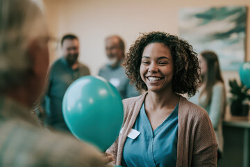 Naklejka premium Smiling Biracial Nurse in Blue Scrubs Holding Teal Balloon, Soft Focus Hospital Setting with Abstract Art.