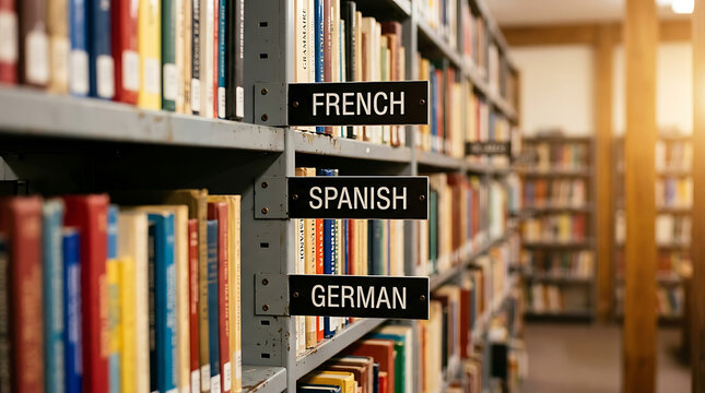 Library bookshelves with signs for French Spanish and German language sections for education linguistics and bilingual learning