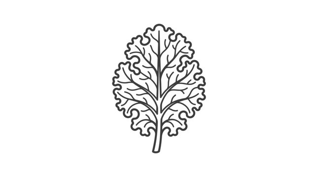 Minimalist black line art icon of a curly kale leaf isolated on white background