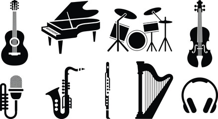 Silhouette icons of musical instruments guitar piano drums violin microphone saxophone flute harp headphones audio equipment music collection © MOSTSHAHANAJ