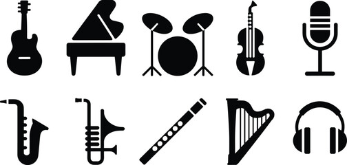 Silhouette icons of musical instruments guitar piano drums violin microphone saxophone trumpet flute harp headphones audio equipment collection © MOSTSHAHANAJ