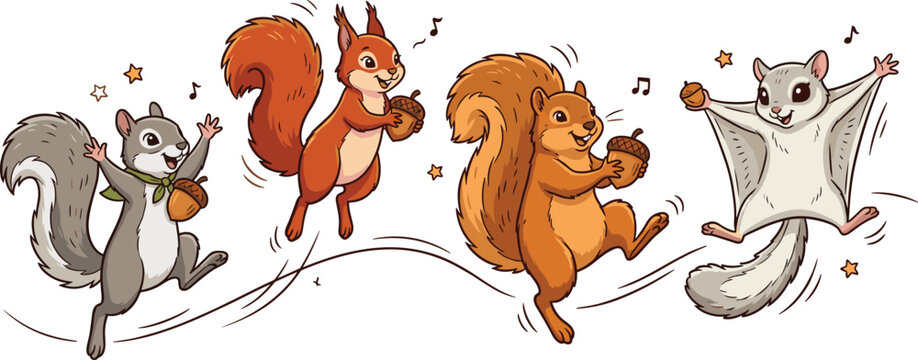 Cute Dancing Squirrel Vector Set with Gray, Red, Fox Squirrel, and Flying Squirrel Holding Acorns with Music Notes for Kids Designs
