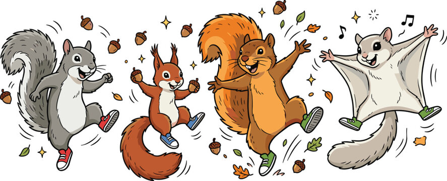 Cute Dancing Squirrel Characters Vector Set with Gray Squirrel, Red Squirrel, Fox Squirrel, and Flying Squirrel for Kids and Autumn Designs