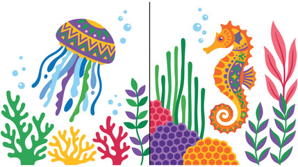 Jellyfish and seahorse in coral reef environment. © NAZMA