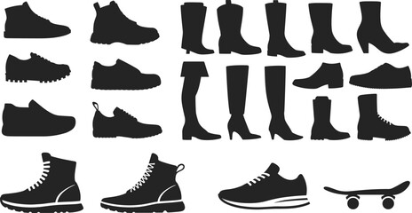 Silhouette icons of footwear sneakers boots high heels loafers casual shoes skateboard fashion sport style © MOSTSHAHANAJ