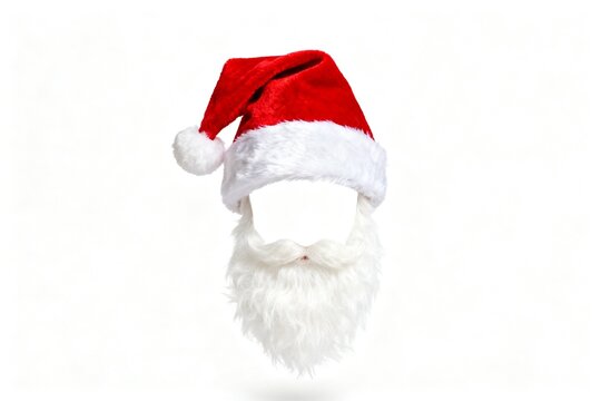 Santa hat and beard on white background