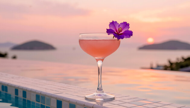 Cocktail rosa con fiore di ibisco su bordo piscina al tramonto sul mare