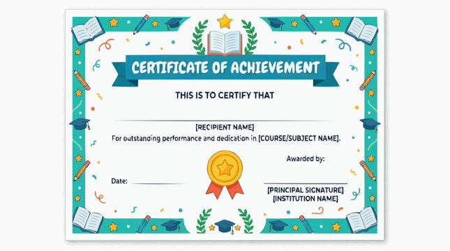 Certificate of Achievement with Festive Border: A vibrant and decorative certificate of achievement, bordered with playful academic motifs and confetti, signifying recognition and success.