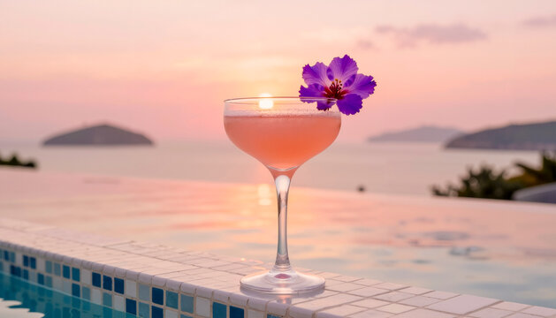 Cocktail rosa con fiore di ibisco su bordo piscina al tramonto sul mare