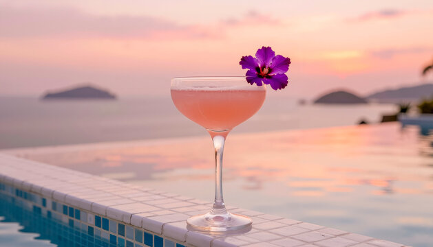 Cocktail rosa con fiore di ibisco su bordo piscina al tramonto sul mare