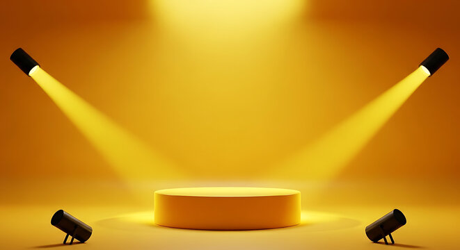 Empty yellow studio background with 3D circular podium and bright spotlights for product presentation spotlights background platform showcase illumination performance presentation rendering