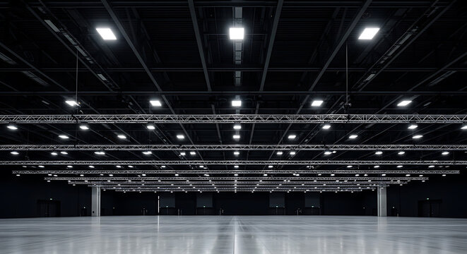 Large empty modern event venue with ceiling lighting rig and industrial interior lighting industrial interior exhibition production professional architecture commercial building structure
