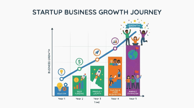 Startup Business Growth Journey: A visual representation of a startup's journey from inception to exponential growth, illustrated with icons of idea, funding, launch, customer acquisition.