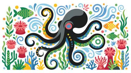 Colorful underwater scene with octopus and fish. © NAZMA