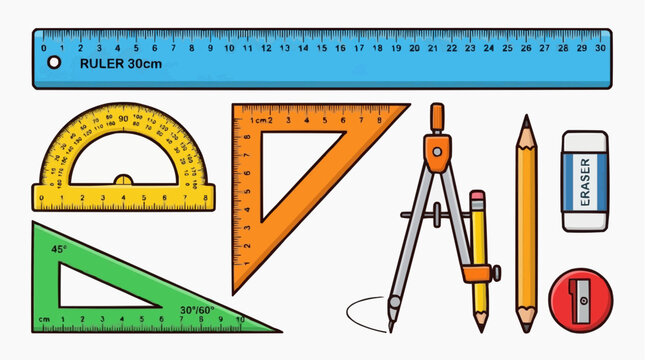 Geometry Tools: A collection of essential geometric tools including a ruler, protractor, set squares, compass, pencils, eraser, and sharpener, neatly arranged for mathematical study.