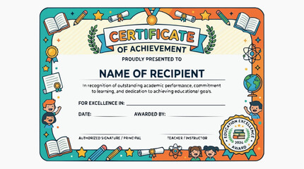Naklejka premium Certificate of Achievement: A colorful and vibrant certificate template designed to recognize outstanding academic performance and educational accomplishments, perfect for schools and students.