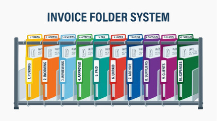 Obraz premium Invoice Folder System: An organized array of colorful, labeled folders within a metal rack, showcasing an efficient system for managing invoices.