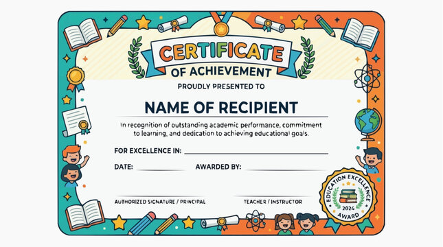 Certificate of Achievement: A colorful and vibrant certificate template designed to recognize outstanding academic performance and educational accomplishments, perfect for schools and students.