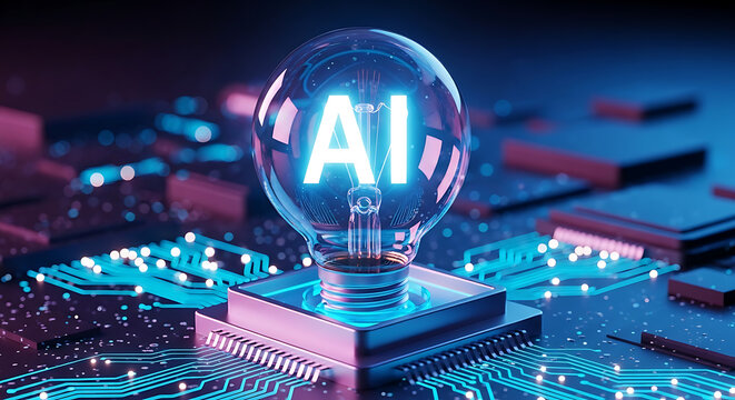 Artificial intelligence concept represented by a glowing lightbulb illuminating the letters AI placed on a high tech computer circuit board with artificial intelligence technology lightbulb