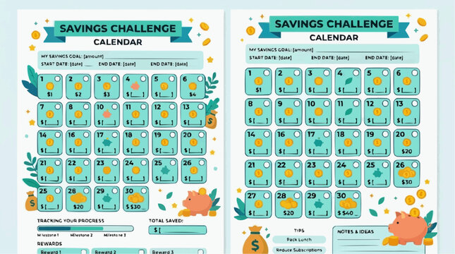 Savings Challenge Calendar: A fun and engaging savings challenge calendar designed to help users track their financial goals and progress with daily visual reminders and motivational elements.