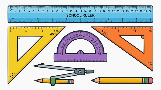 Geometric Tools for Learning: A collection of colorful math tools, including a ruler, protractor, set squares, compass, and pencils, arranged for educational purposes.