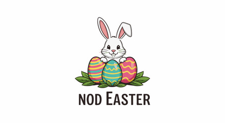 Fototapeta premium Cute bunny peeking over colorful patterned eggs surrounded by green leaves with text below