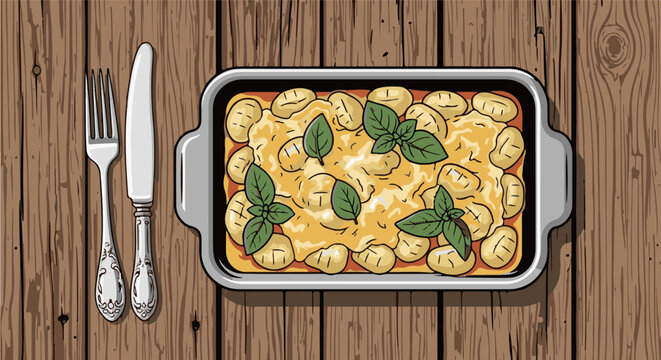 Delicious baked pasta with fresh basil leaves in a serving dish, next to silverware on a wooden table