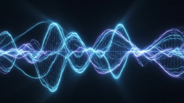 Glowing blue and purple neon light waves on black background.