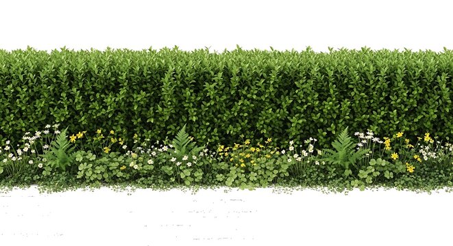 Green hedge with small white flowers.