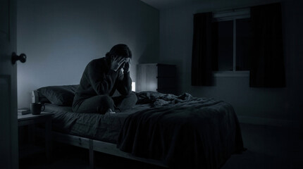 Fototapeta premium A Person Sitting On The Bed, Hands Covering Face Experiencing Mental Distress